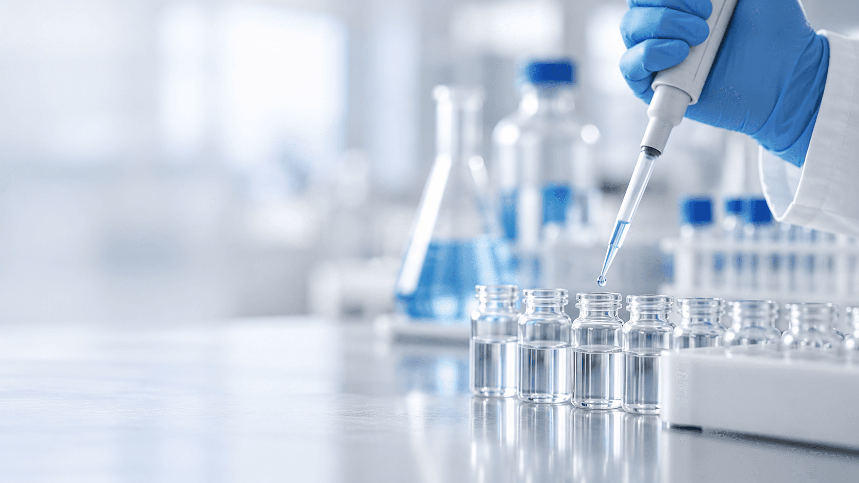 Laboratory technician using a pipette above clear sample vials
